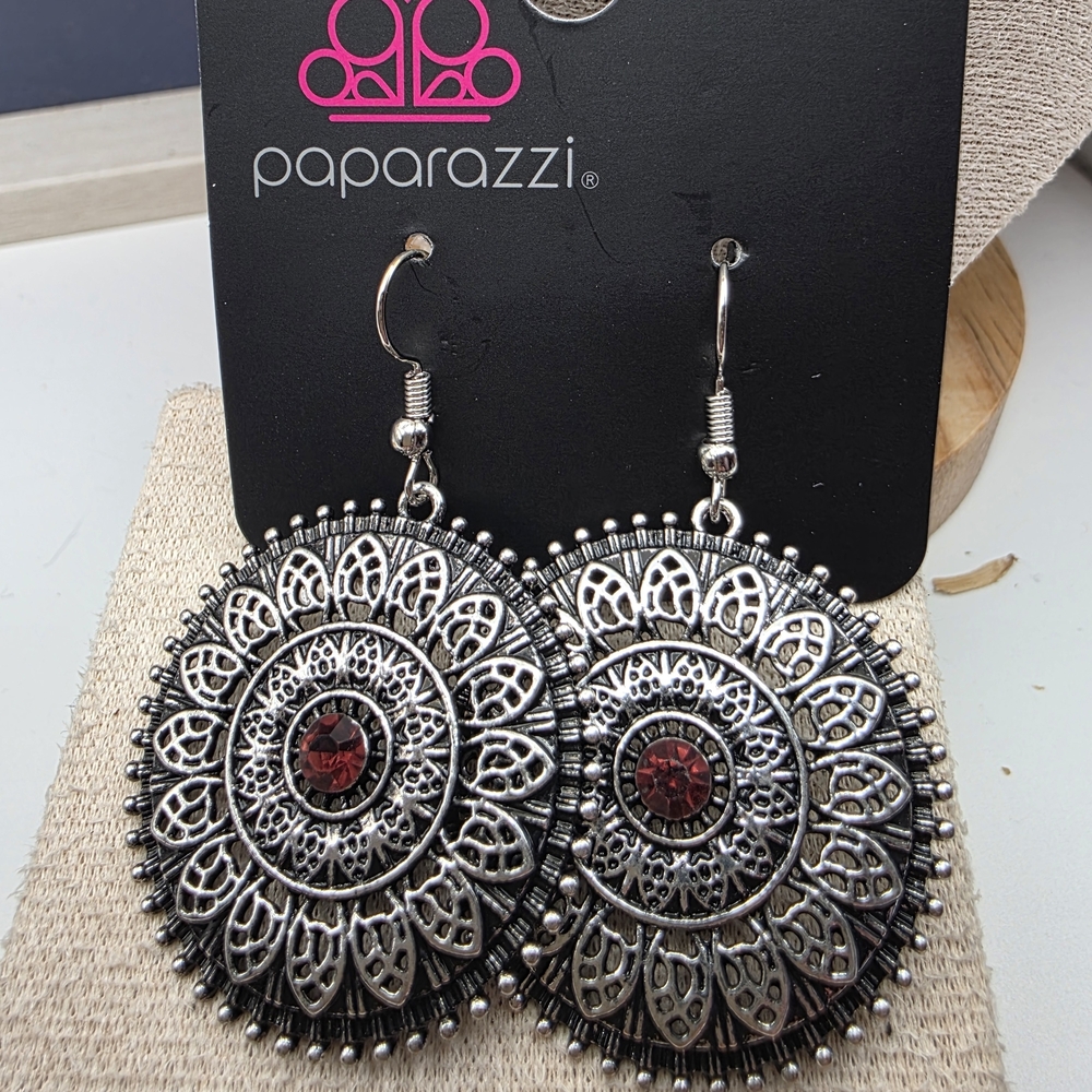Paparazzi Silver Earrings with Red Accent (331)